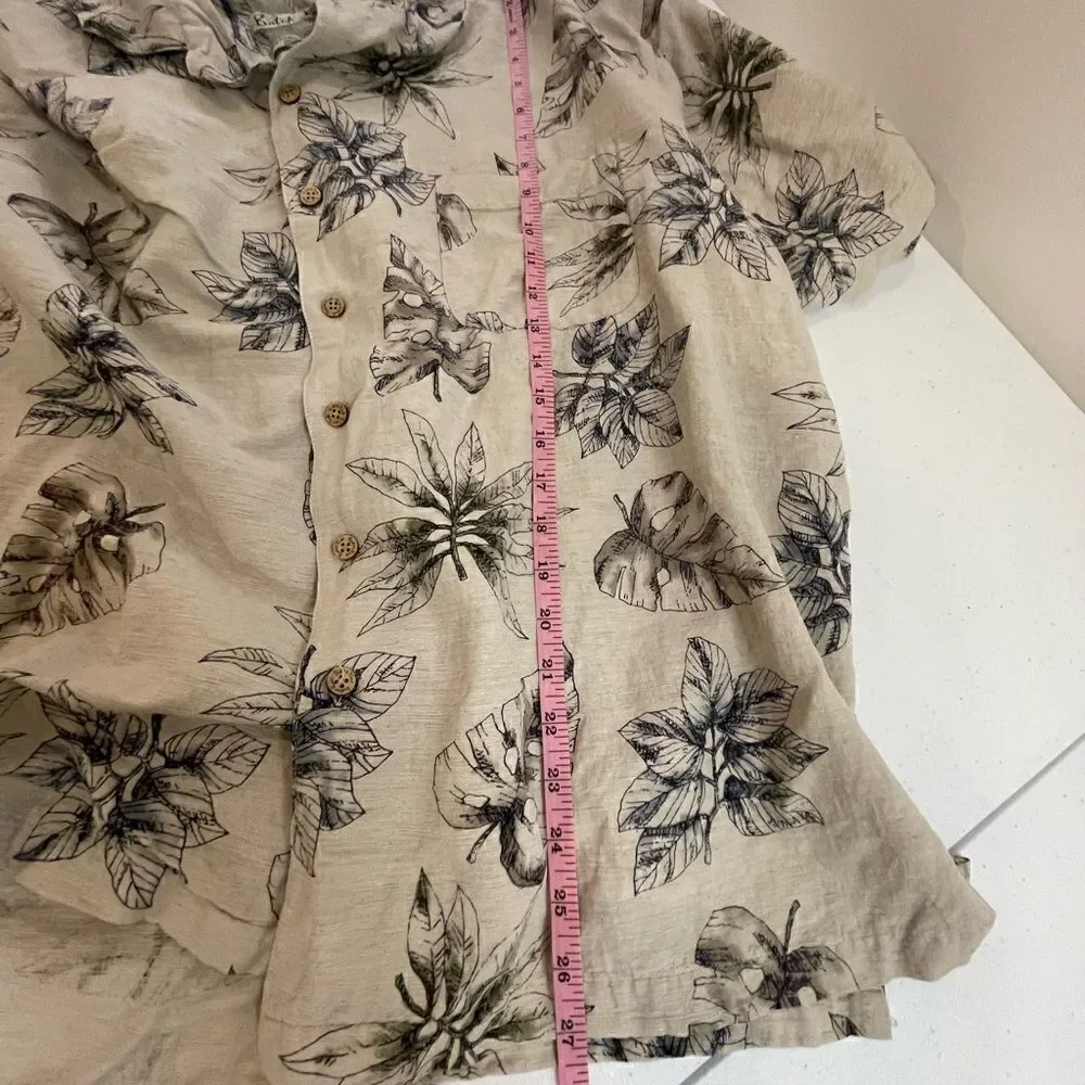 Batek Bay 100% silk mens shirt tan and blue with leaves  XXL
